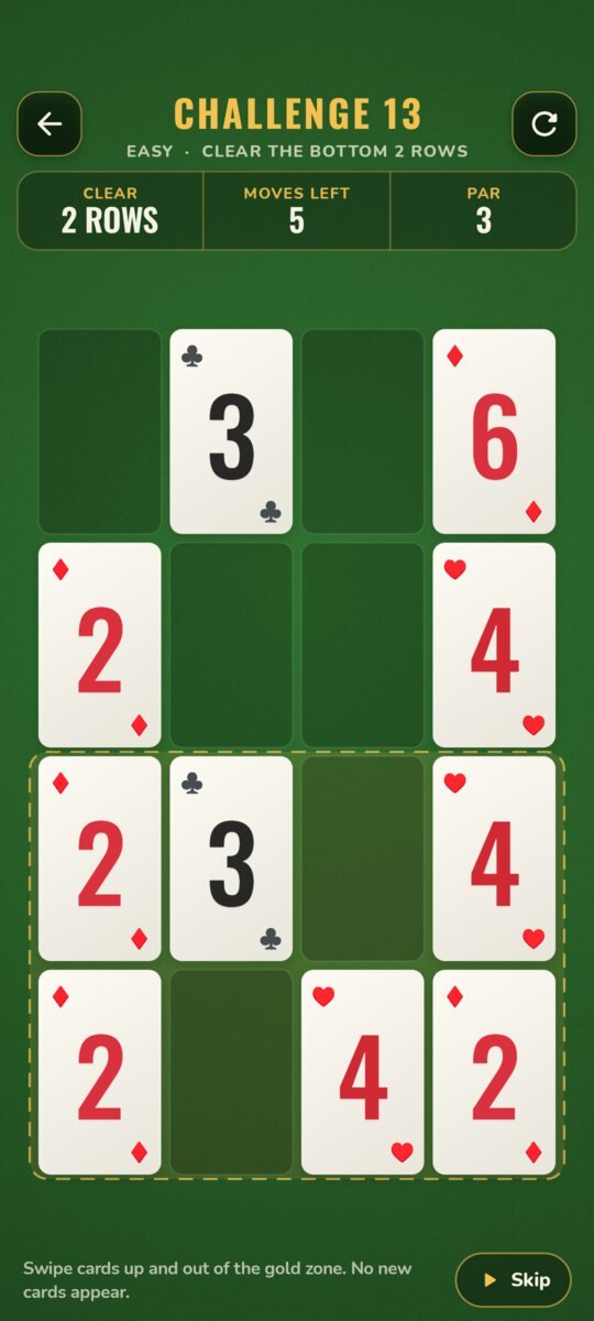 Challenge mode: a full board with a dashed gold zone at the bottom to clear
