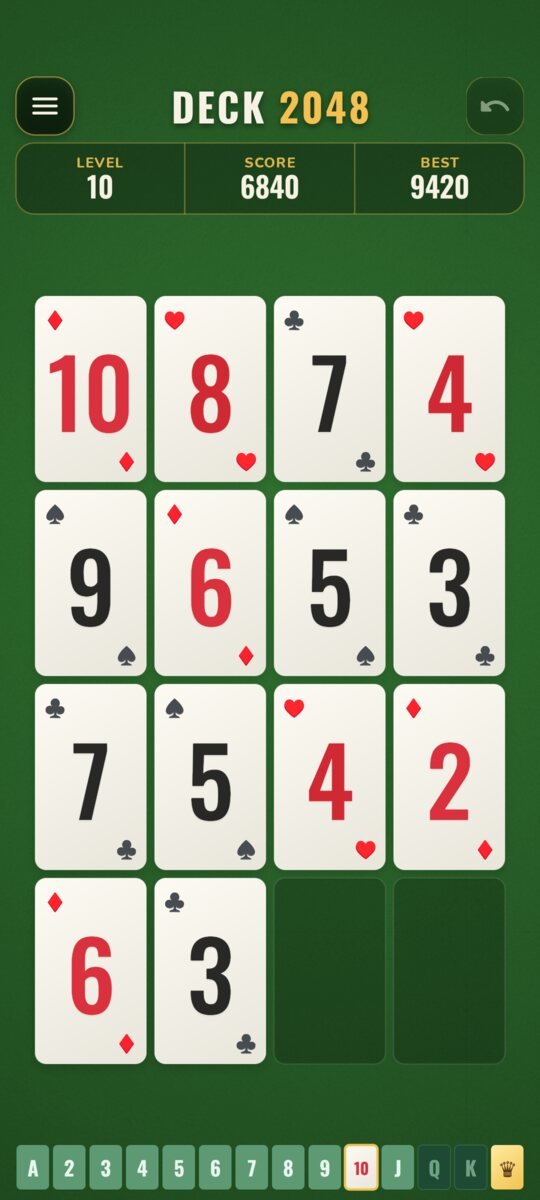 The classic game board with cards from 3 to 10 and a level strip underneath