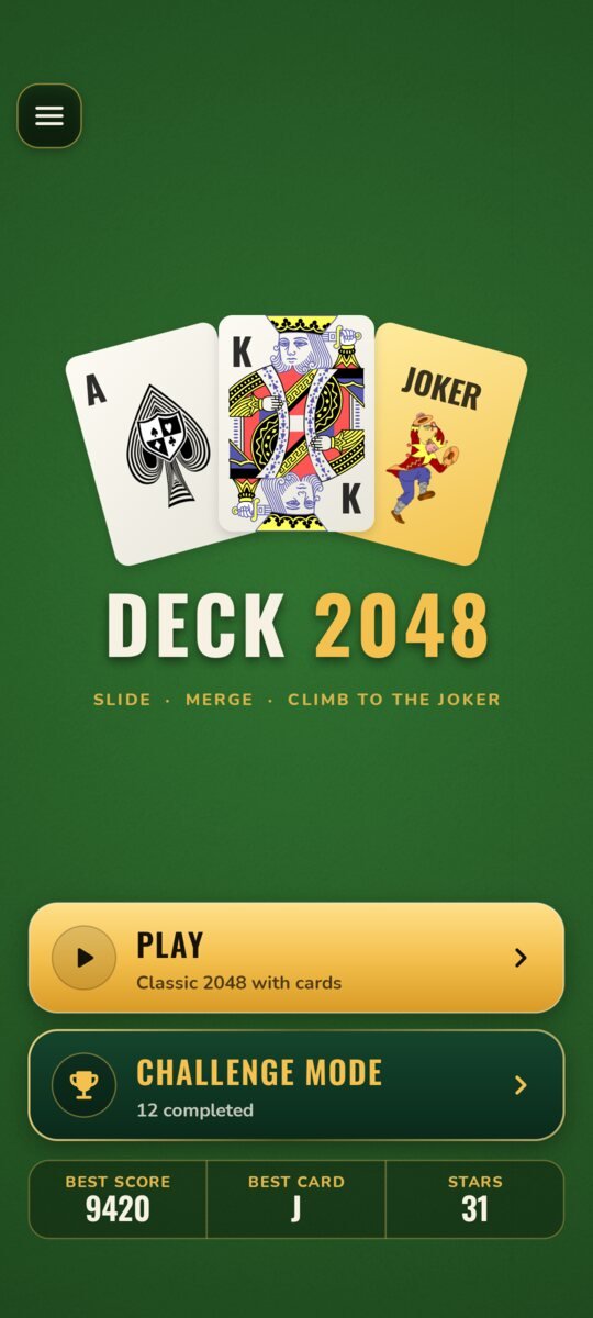 The Deck 2048 home screen with an Ace, King and Joker, and the Play and Challenge mode buttons